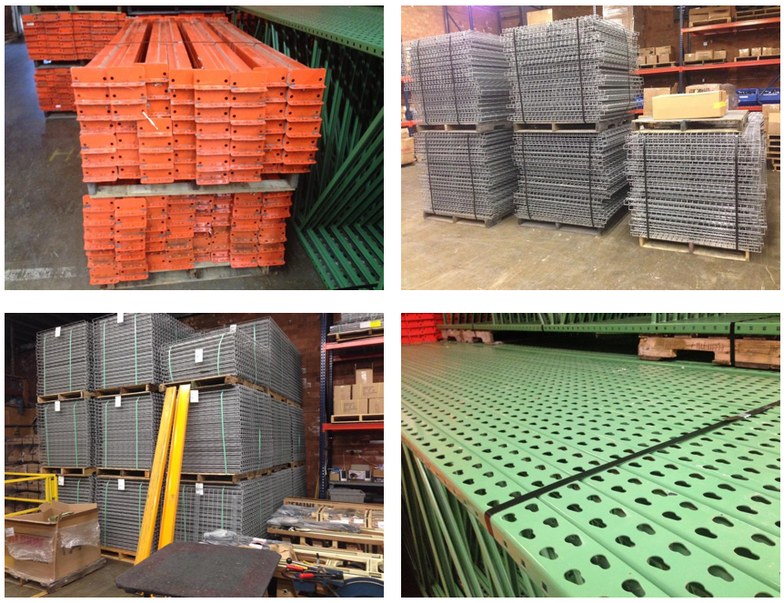 Used teardrop style pallet rack uprights, beams and wire mesh decking
